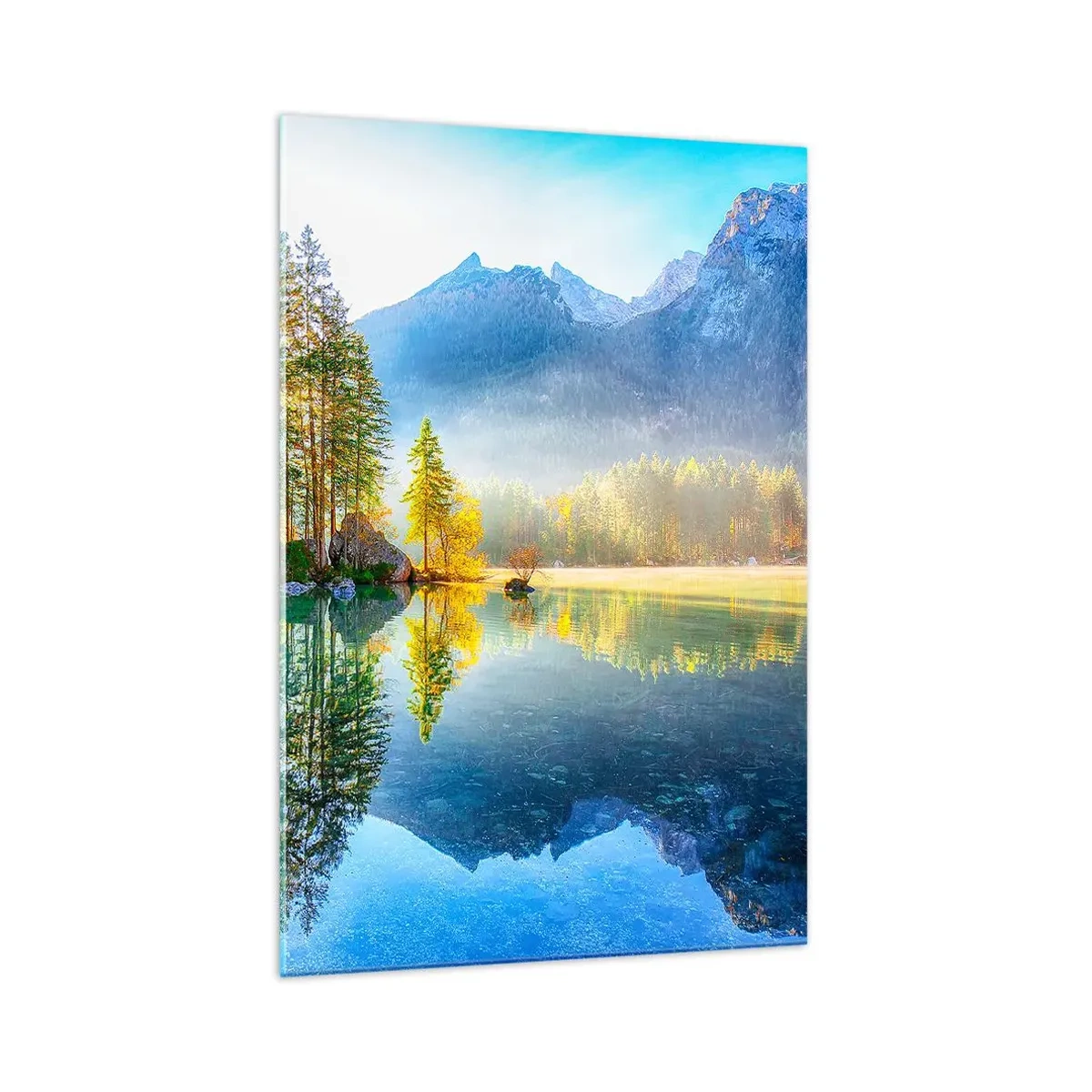 Glasbild - Bild auf glas - Ein See, umgeben von Bergen und Wäldern in den Strahlen der Sonne - 70x100cm - Majestät und Süße - Moderne Wanddekoration für Wohnzimmer und Schlafzimmer ARTTOR