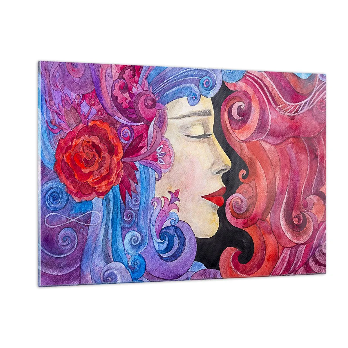 Glasbild - Bild auf glas - Farbenfrohes Frauenporträt im Jugendstil mit reicher Ornamentik - 120x80cm - Der Jugendstil lebt noch - Moderne Wanddekoration für Wohnzimmer und Schlafzimmer ARTTOR