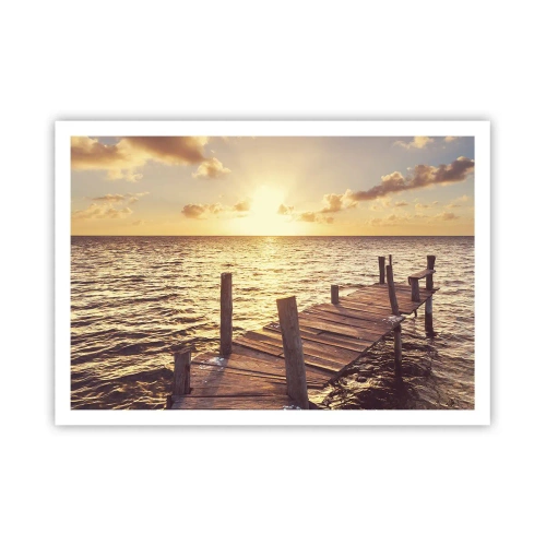 Poster - Ein Holzsteg führt in Richtung Sonnenuntergang - 100x70cm - Das goldene Land der Sanftmut - Moderne Wanddekoration für Wohnzimmer und Schlafzimmer ARTTOR