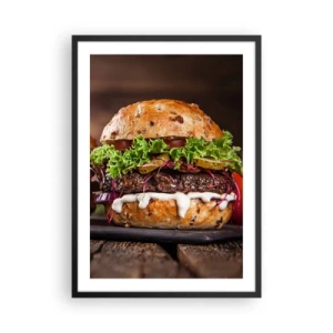 Poster in einem schwarzem Rahmen - Appetitlicher Burger mit Gemüse und Sauce - 50x70cm - Amerikanischer Traum - Moderne Wanddekoration für Wohnzimmer und Schlafzimmer ARTTOR