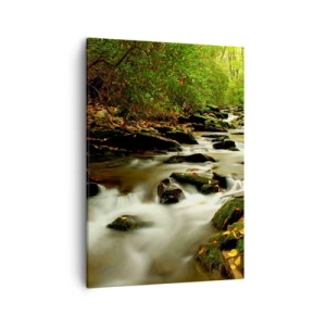 Bild auf Leinwand - Leinwandbild - Ein Waldbach, der zwischen Steinen fließt, umgeben von Grün - 50x70cm - Wie flüssiges Silber - Moderne Wanddekoration für Wohnzimmer und Schlafzimmer ARTTOR
