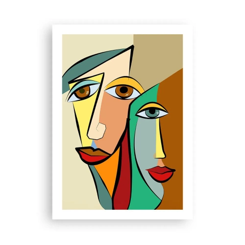 Poster - Abstrakte Gesichter im kubistischen Stil in warmen Farben - 50x70cm - Kubistisches Paar - Moderne Wanddekoration für Wohnzimmer und Schlafzimmer ARTTOR