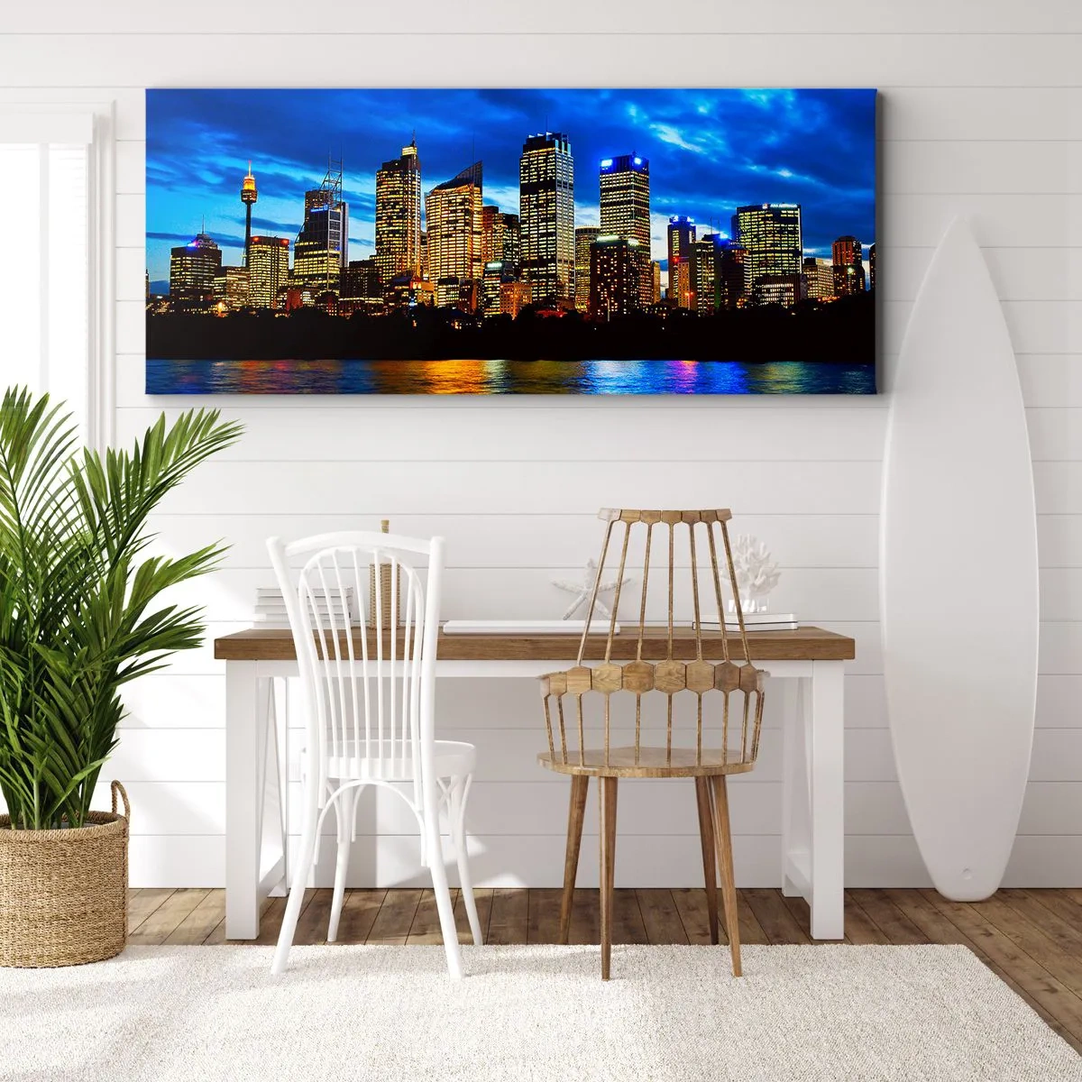 Bild auf Leinwand - Leinwandbild - Panorama der nächtlichen Stadt mit beleuchteten Wolkenkratzern über dem Wasser - 120x50cm - Eine Nacht der Lichter und Farben - Moderne Wanddekoration für Wohnzimmer und Schlafzimmer ARTTOR