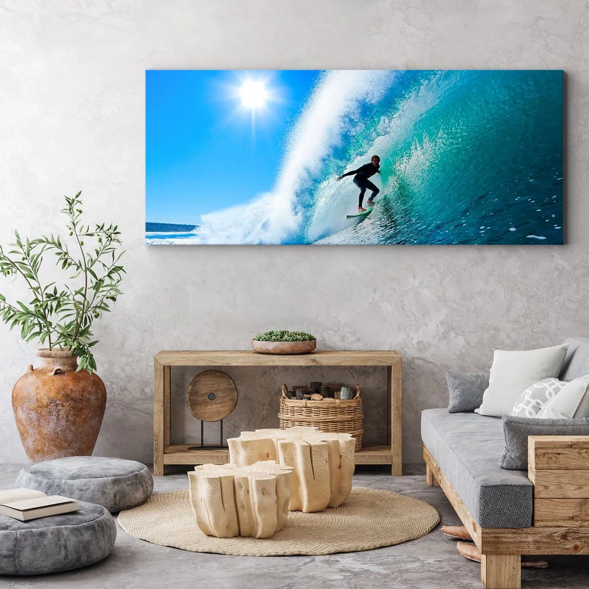 Bild auf Leinwand - Leinwandbild - Ein Surfer auf einem Brett reitet unter blauem Himmel auf einer starken Welle. - 120x50cm - Durch das große Blau - Moderne Wanddekoration für Wohnzimmer und Schlafzimmer ARTTOR