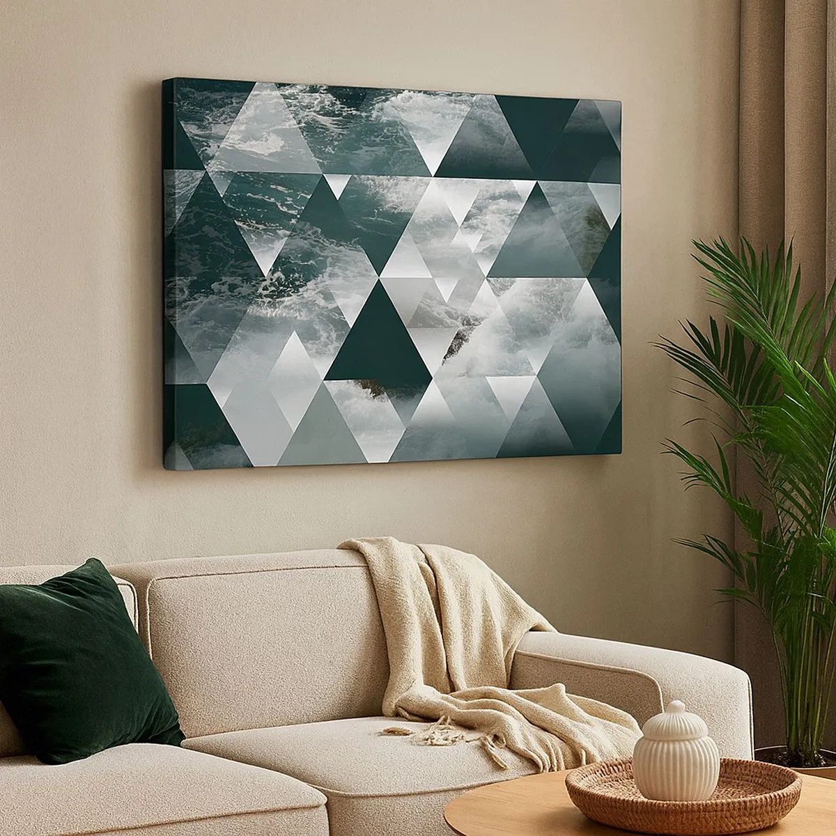 Bild auf Leinwand - Leinwandbild - Geometrisches Muster mit Wellenmotiv in Grüntönen - 70x50cm - Kristallperspektive - Moderne Wanddekoration für Wohnzimmer und Schlafzimmer ARTTOR