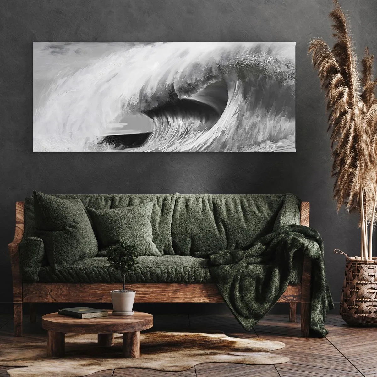 Bild auf Leinwand - Leinwandbild - Dramatische Meereswelle in Monochrom - 120x50cm - Wut des Ozeans - Moderne Wanddekoration für Wohnzimmer und Schlafzimmer ARTTOR