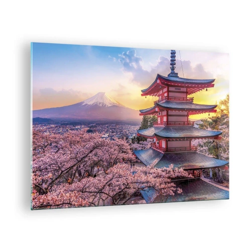 Glasbild - Bild auf glas - Eine Pagode in einer japanischen Landschaft mit Blick auf den Berg Fuji und blühende Bäume - 70x50cm - Die Essenz des japanischen Geistes - Moderne Wanddekoration für Wohnzimmer und Schlafzimmer ARTTOR