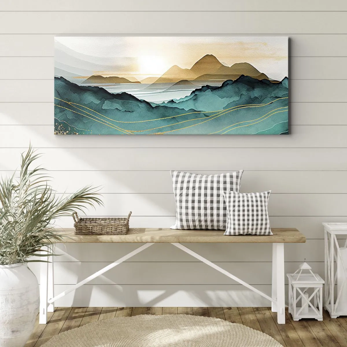 Bild auf Leinwand - Leinwandbild - Abstrakte Landschaft mit Bergen und goldenen Akzenten - 140x50cm - Am Rande der Abstraktion – Landschaft - Moderne Wanddekoration für Wohnzimmer und Schlafzimmer ARTTOR
