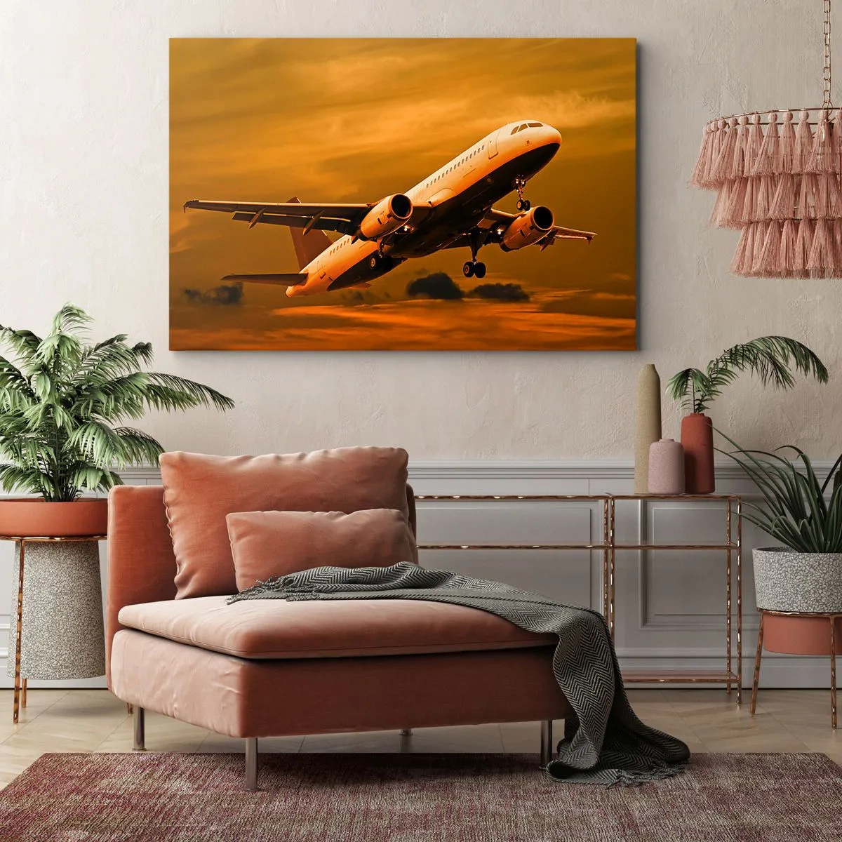 Bild auf Leinwand - Leinwandbild - Ein Passagierflugzeug hebt vor einem goldenen Sonnenuntergangshimmel ab. - 70x50cm - Flug der Sonne entgegen - Moderne Wanddekoration für Wohnzimmer und Schlafzimmer ARTTOR