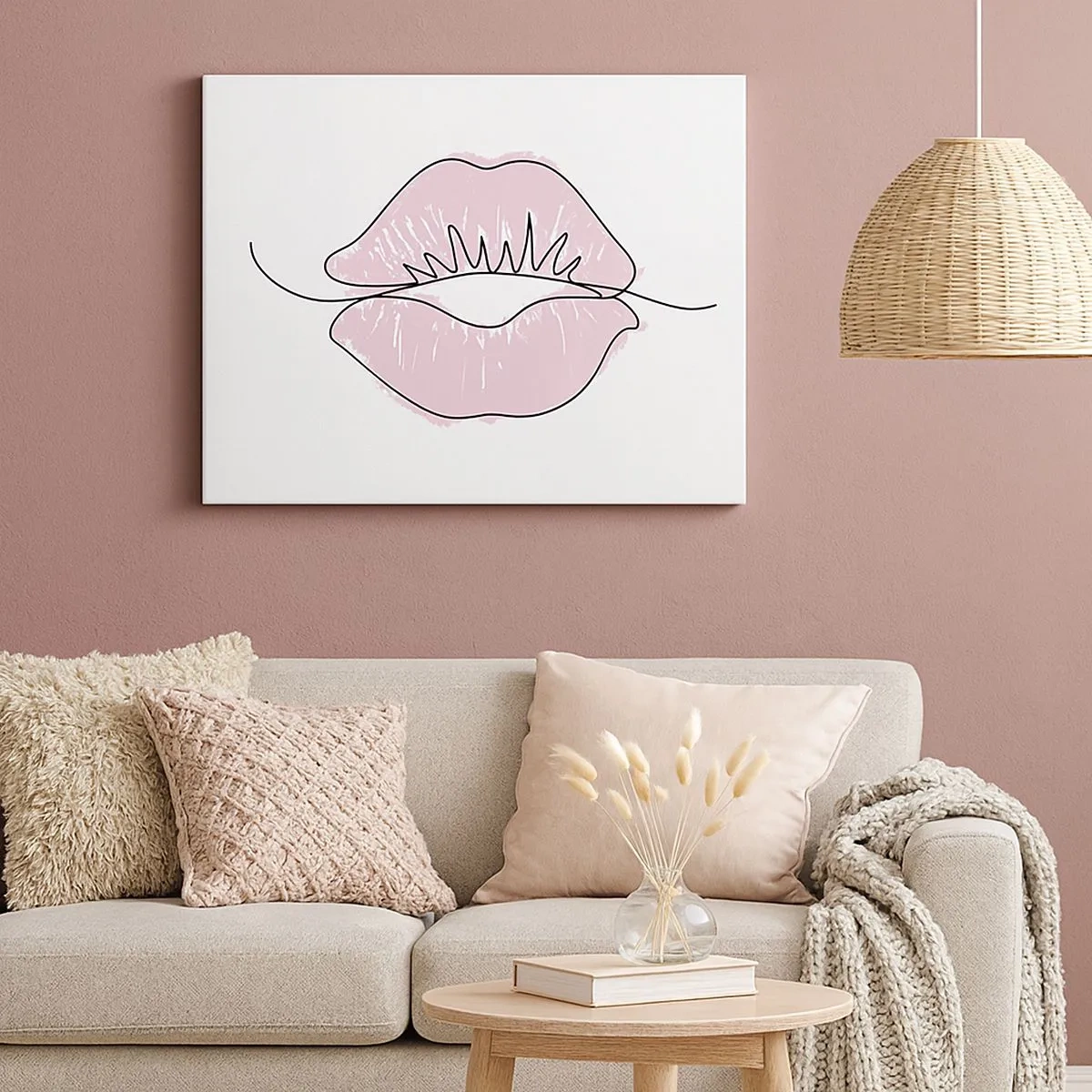 Bild auf Leinwand - Leinwandbild - Minimalistische Lippenzeichnung in einem Rosaton - 70x50cm - Bereit zum Küssen? - Moderne Wanddekoration für Wohnzimmer und Schlafzimmer ARTTOR