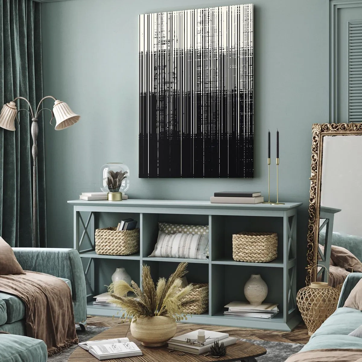 Bild auf Leinwand - Leinwandbild - Abstrakte Linienkomposition in kontrastierendem Schwarz und Weiß - 80x120cm - Wellen und Vibrationen - Moderne Wanddekoration für Wohnzimmer und Schlafzimmer ARTTOR