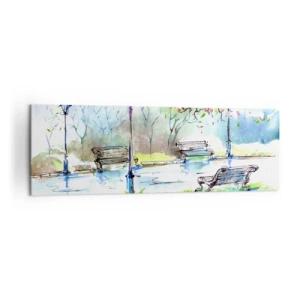 Bild auf Leinwand - Leinwandbild - Aquarell-Parkszene mit Bänken und Lampen - 160x50cm - Der Zauber der Stille des Parks - Moderne Wanddekoration für Wohnzimmer und Schlafzimmer ARTTOR