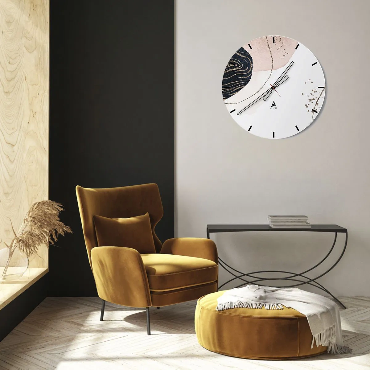Wanduhr - Glasuhr - Abstraktes Muster mit rosa, schwarzen und goldenen Akzenten - 30x30cm - Alles fließt - Moderne Wanddekoration für Wohnzimmer, Küche und Schlafzimmer ARTTOR