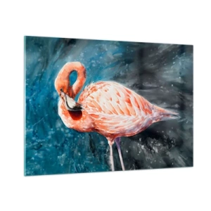 Glasbild - Bild auf glas - Ein rosa Flamingo vor einem blauen Aquarellhintergrund - 100x70cm - Von Natur aus dekorativ - Moderne Wanddekoration für Wohnzimmer und Schlafzimmer ARTTOR