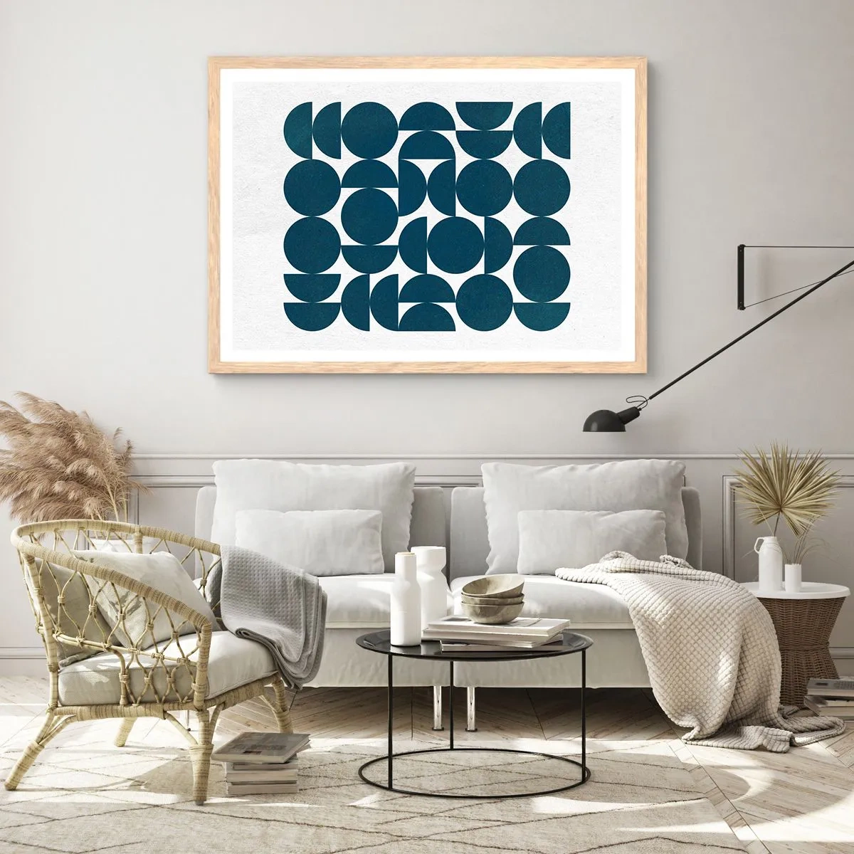 Poster in einem Rahmen aus heller Eiche - Kreise und Halbkreise - 70x50 cm