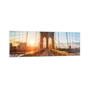Glasbild - Bild auf glas - Die Brücke im Licht der untergehenden Sonne mit Blick auf die Stadt - 160x50cm - Auf der goldenen Brücke - Moderne Wanddekoration für Wohnzimmer und Schlafzimmer ARTTOR