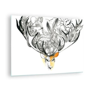 Glasbild - Bild auf glas - Zeichnung eines Hirsches mit ausgefallenem Geweih - 70x50cm - Ecken des Überflusses - Moderne Wanddekoration für Wohnzimmer und Schlafzimmer ARTTOR