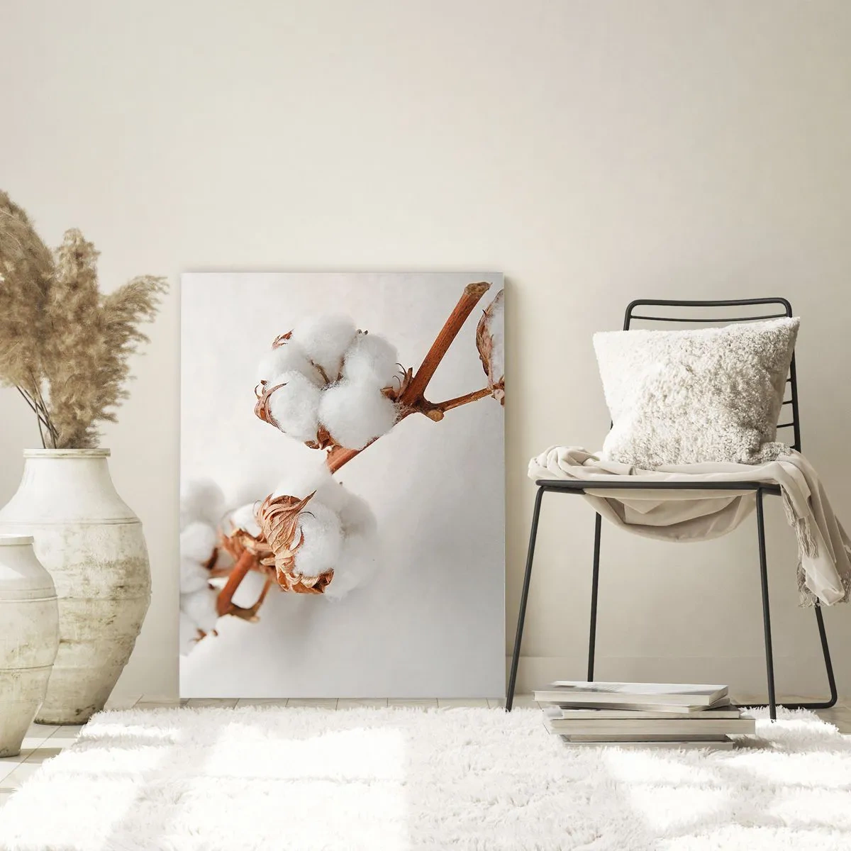 Glasbild - Bild auf glas - Ein Zweig Baumwolle auf dezentem Untergrund - 80x120cm - Nur umarmen - Moderne Wanddekoration für Wohnzimmer und Schlafzimmer ARTTOR