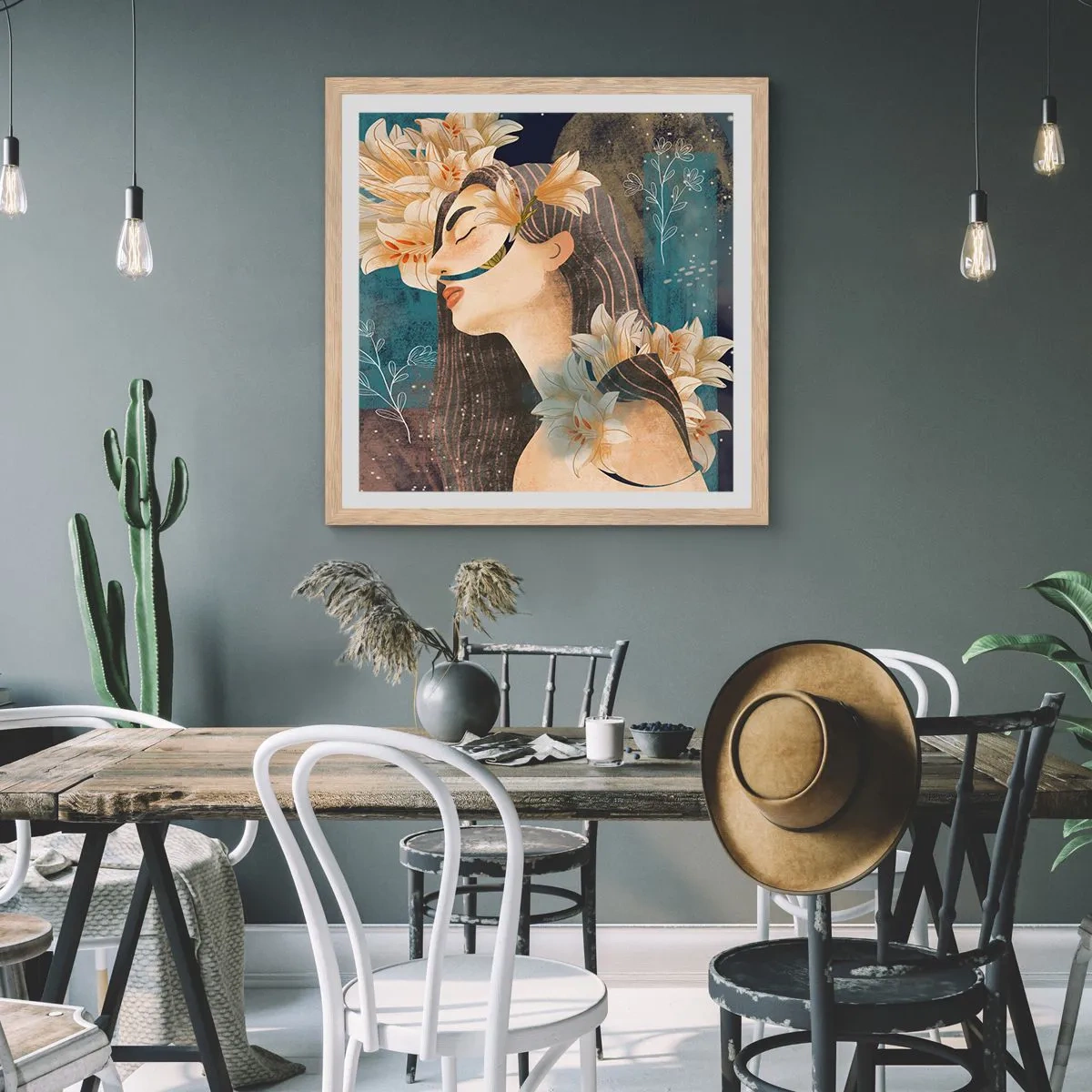 Poster in einem Rahmen aus heller Eiche - Ein Märchen über eine Prinzessin mit Lilien - 40x40 cm