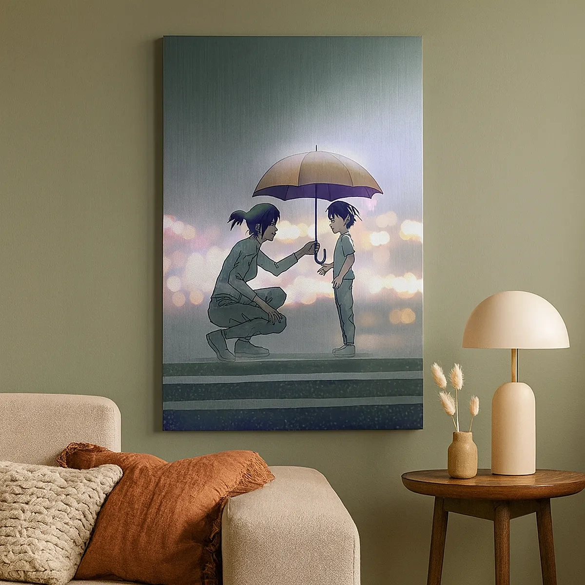 Bild auf Leinwand - Leinwandbild - Eine Figur mit einem Regenschirm schützt ein Kind vor dem Hintergrund nächtlicher Lichter. - 50x70cm - Und jetzt ist alles in Ordnung - Moderne Wanddekoration für Wohnzimmer und Schlafzimmer ARTTOR