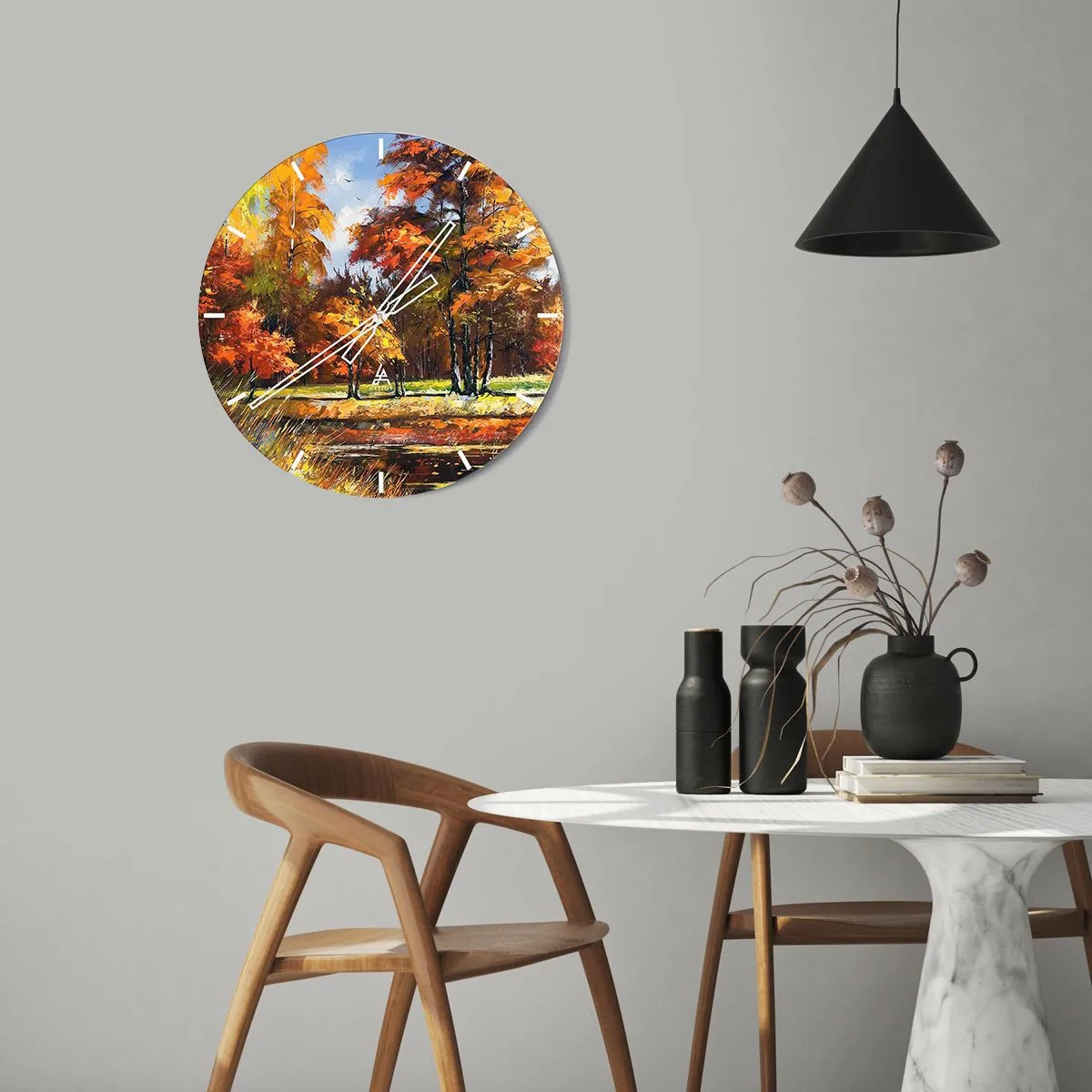 Wanduhr - Glasuhr - Herbstwald mit bunten Blättern und warmem Licht vor einer friedlichen Landschaft - 30x30cm - Landschaft in Gold und Bronze - Moderne Wanddekoration für Wohnzimmer, Küche und Schlafzimmer ARTTOR