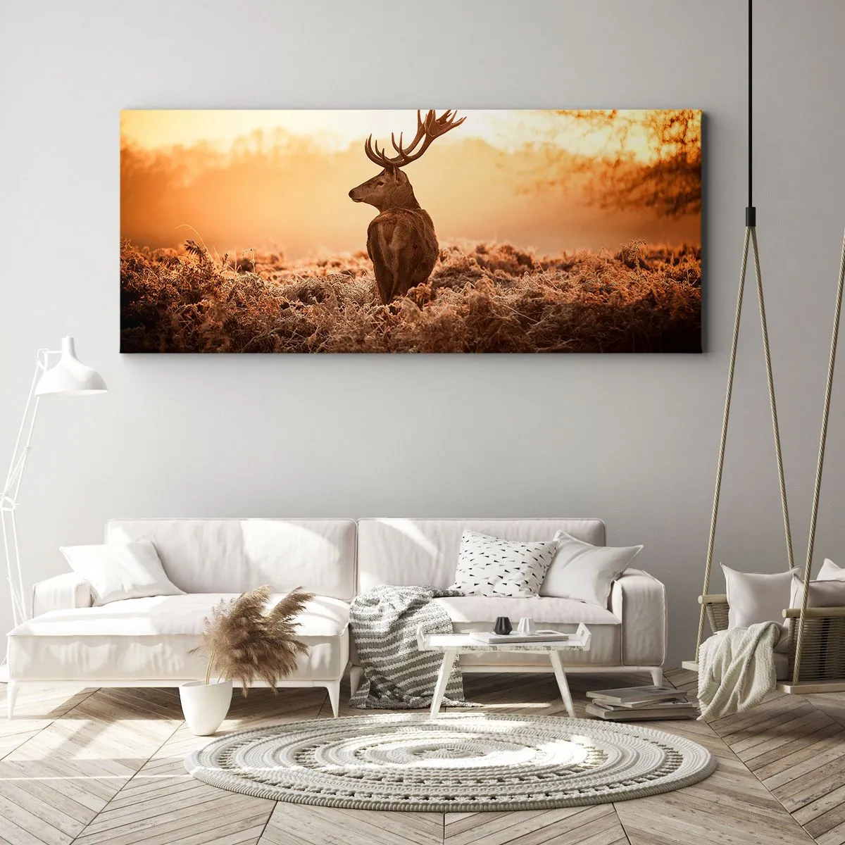 Bild auf Leinwand - Leinwandbild - Hirsch in den Strahlen der aufgehenden Sonne - 160x50cm - Herr im eigenen Land - Moderne Wanddekoration für Wohnzimmer und Schlafzimmer ARTTOR