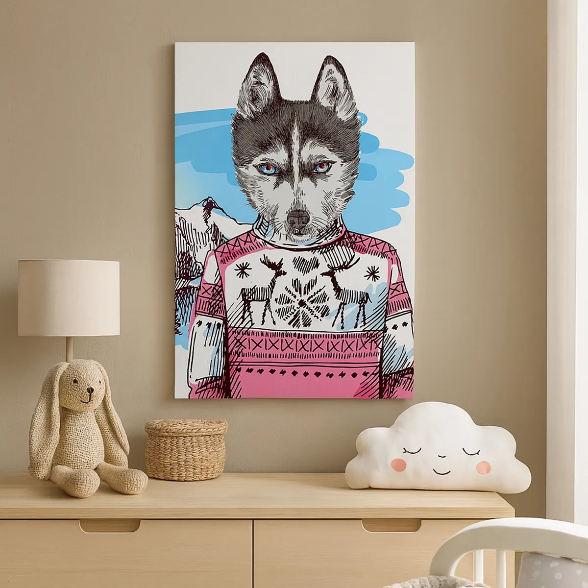 Bild auf Leinwand - Leinwandbild - Ein Wolf im Winterpullover vor einer Berglandschaft - 50x70cm - Ein Wolf in Schafwolle - Moderne Wanddekoration für Wohnzimmer und Schlafzimmer ARTTOR