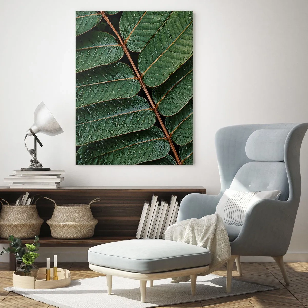 Glasbild - Bild auf glas - Nahaufnahme von grünen Blättern mit Wassertropfen - 50x70cm - Im grünen Rhythmus - Moderne Wanddekoration für Wohnzimmer und Schlafzimmer ARTTOR