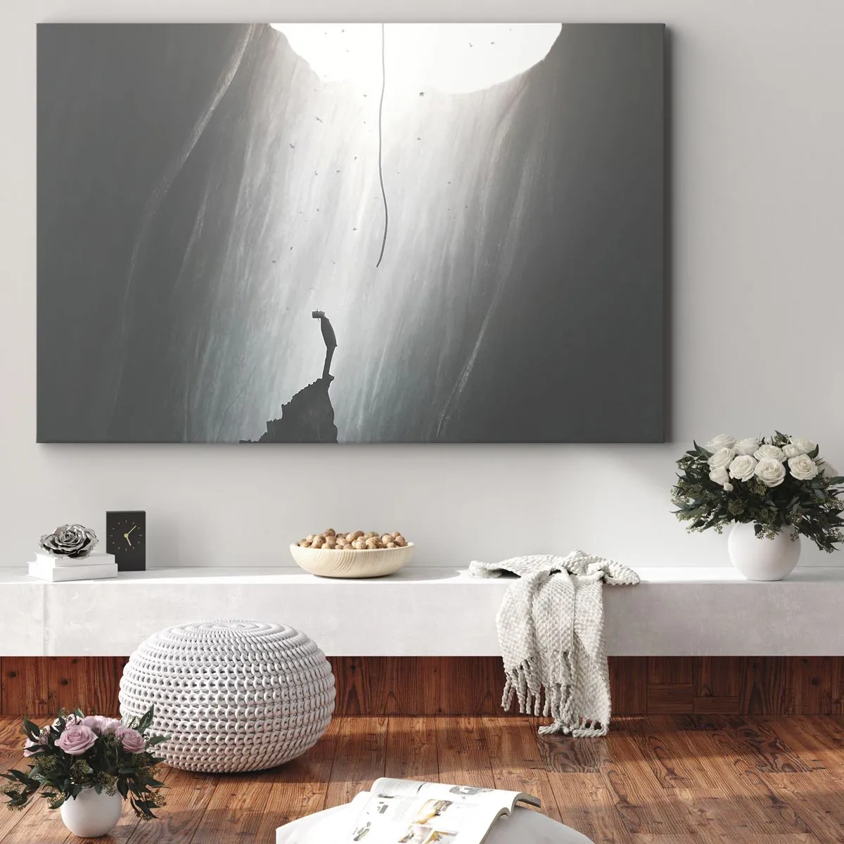 Bild auf Leinwand - Leinwandbild - Silhouette eines Mannes auf dem Boden einer Höhle mit Blick auf das Licht - 70x50cm - Es gibt immer einen Ausweg - Moderne Wanddekoration für Wohnzimmer und Schlafzimmer ARTTOR