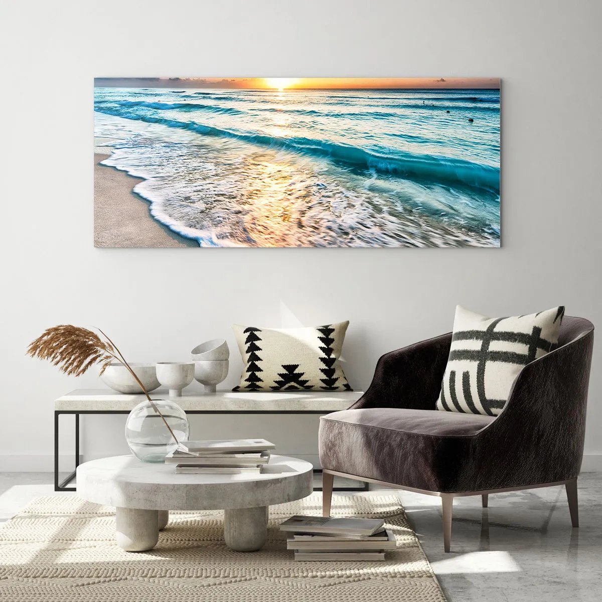 Glasbild - Bild auf glas - Sonnenaufgang über einem ruhigen Strand mit Wellen - 120x50cm - Ein Blick lohnt sich - Moderne Wanddekoration für Wohnzimmer und Schlafzimmer ARTTOR