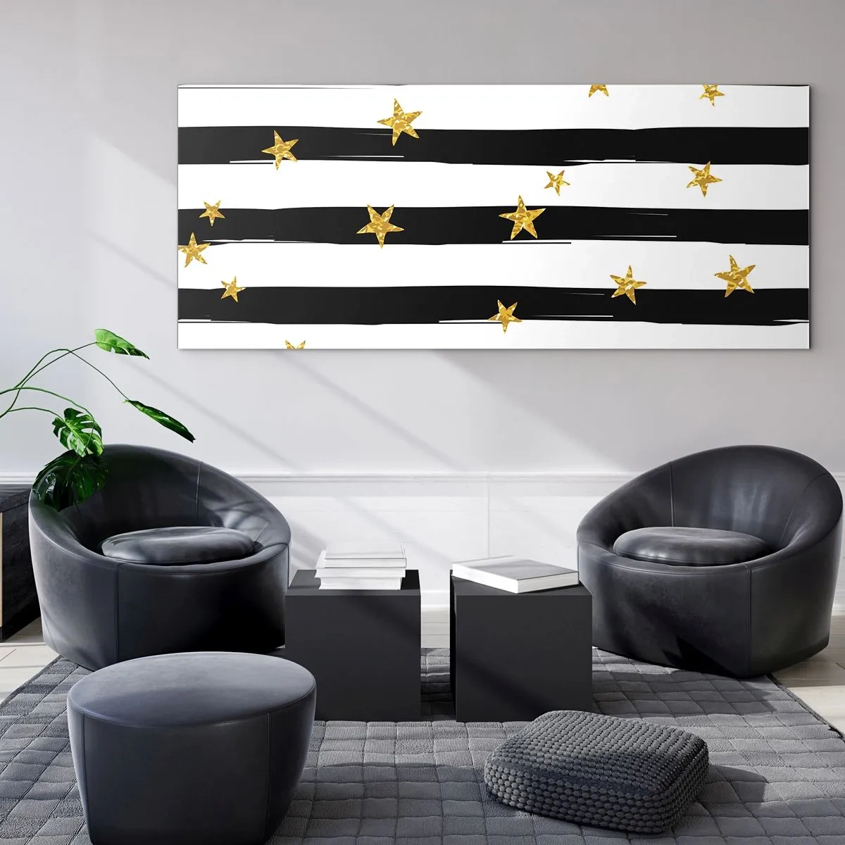 Glasbild - Bild auf glas - Schwarz-weiße Streifen mit goldenen Sternen - 160x50cm - Wir wurden alle unter einem glücklichen Stern geboren - Moderne Wanddekoration für Wohnzimmer und Schlafzimmer ARTTOR