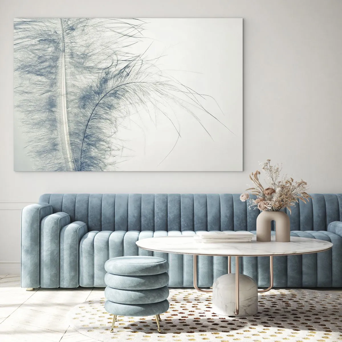 Glasbild - Bild auf glas - Eine zarte Feder auf hellem Hintergrund im minimalistischen Stil - 70x50cm - Flüstern der Natur - Moderne Wanddekoration für Wohnzimmer und Schlafzimmer ARTTOR
