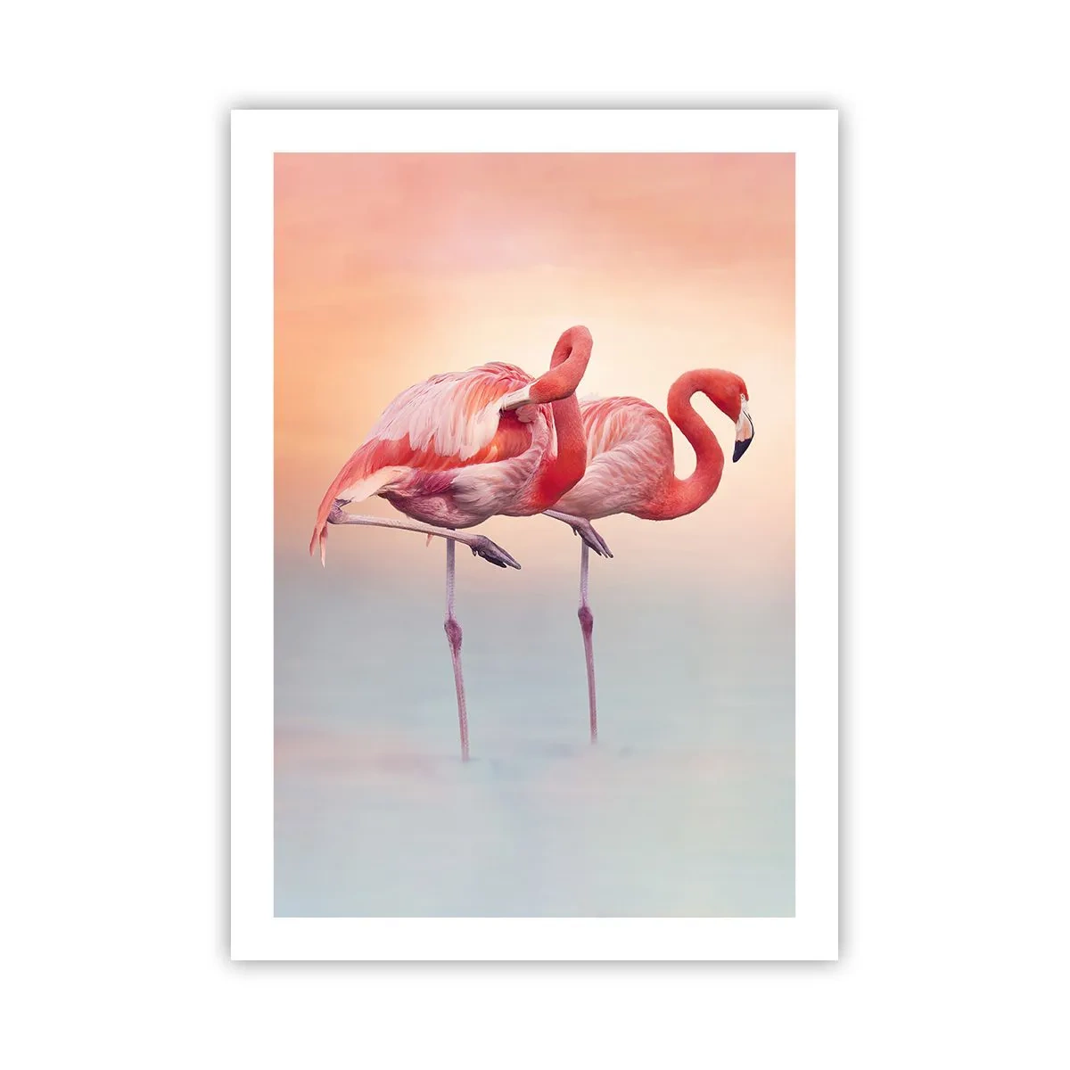 Poster - Flamingos vor einem pastellfarbenen Sonnenuntergangshintergrund - 50x70cm - Die Farbe der untergehenden Sonne - Moderne Wanddekoration für Wohnzimmer und Schlafzimmer ARTTOR