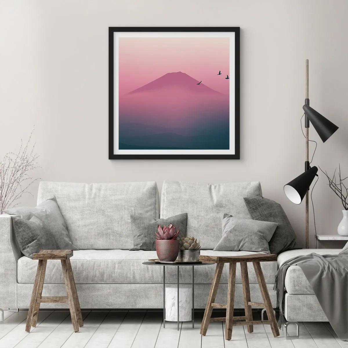 Poster in einem schwarzem Rahmen - Wanderer über den Wolken - 50x50 cm