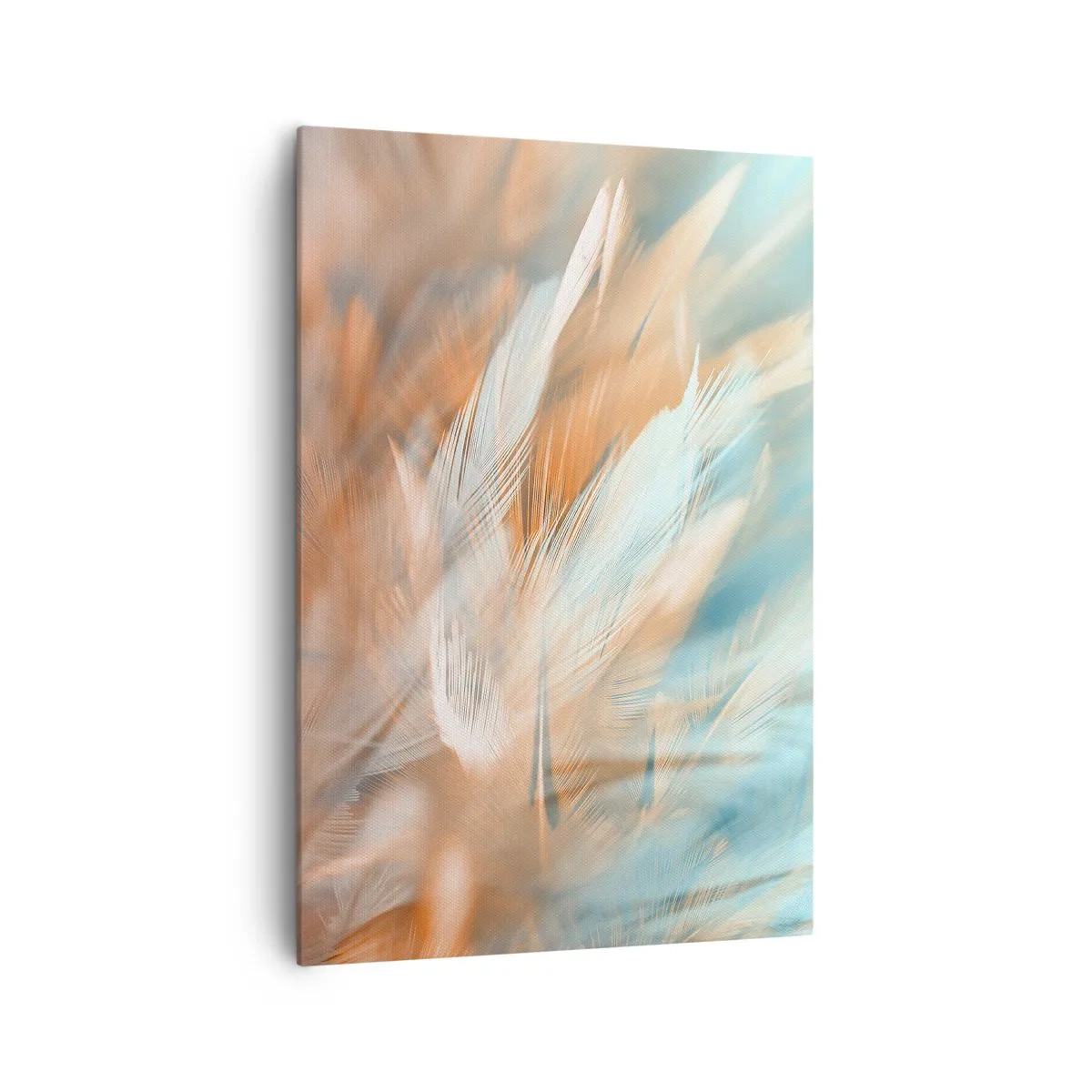 Bild auf Leinwand - Leinwandbild - Zarte Federn in Pastelltönen von Blau und Orange - 70x100cm - Im Land der Sanftmut - Moderne Wanddekoration für Wohnzimmer und Schlafzimmer ARTTOR