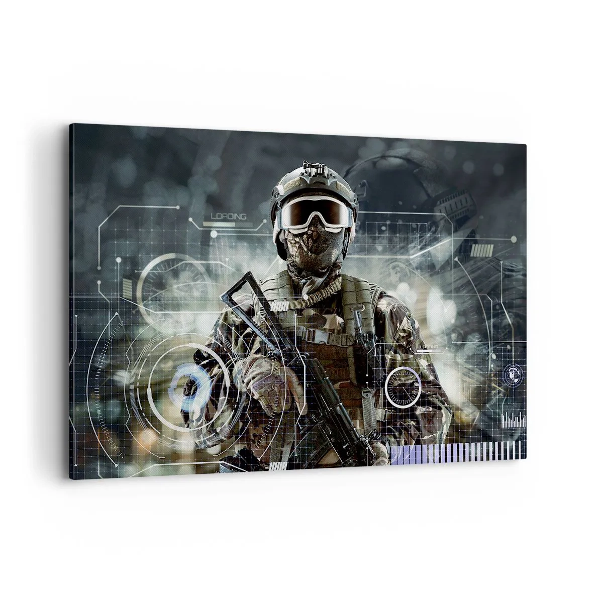 Bild auf Leinwand - Leinwandbild - Ein Soldat in einem futuristischen Helm mit einer Waffe vor dem Hintergrund der Technologie. - 120x80cm - Macht zu Macht - Moderne Wanddekoration für Wohnzimmer und Schlafzimmer ARTTOR