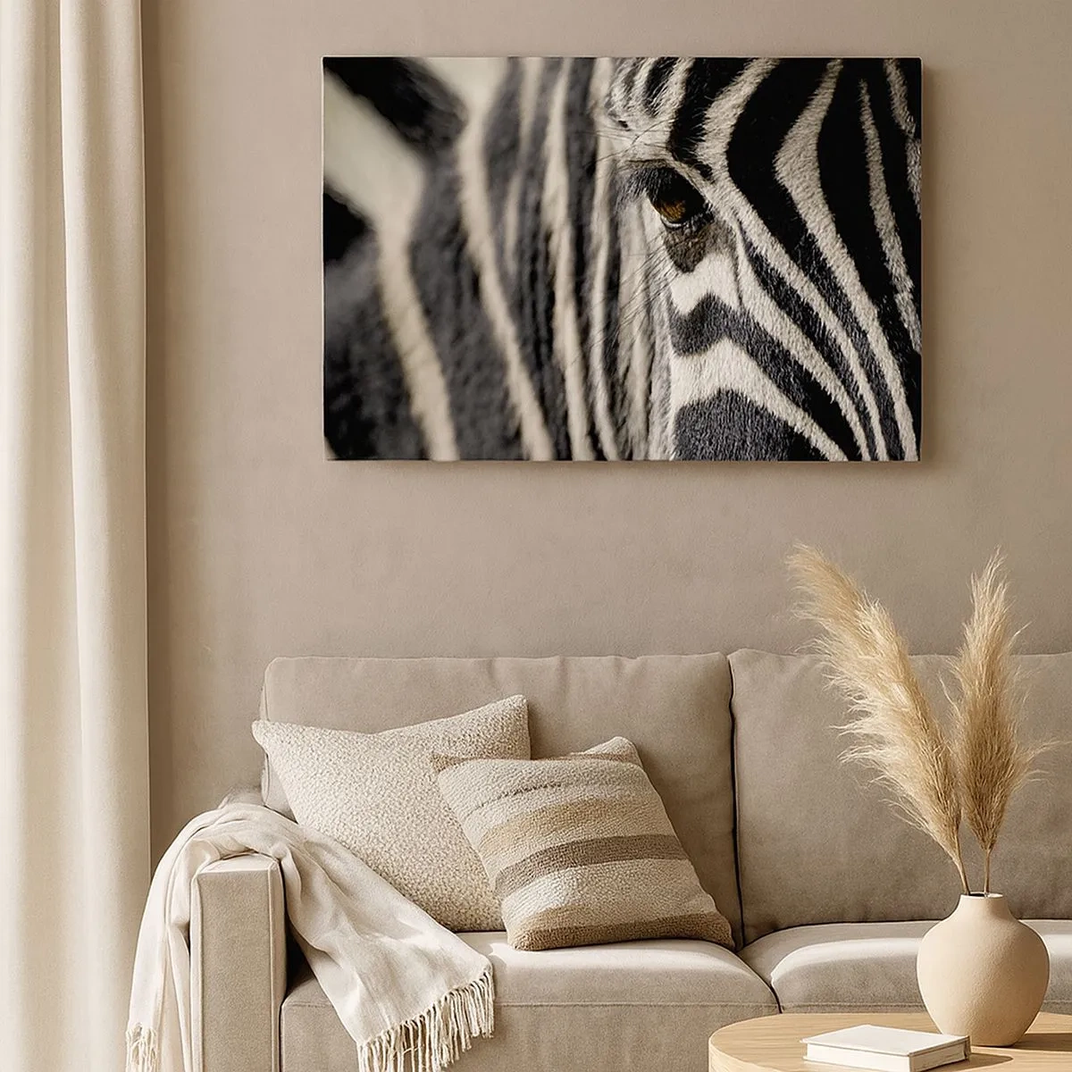 Bild auf Leinwand - Leinwandbild - Nahaufnahme eines Zebraauges mit schwarzen und weißen Streifen - 70x50cm - Gestreiftes Porträt - Moderne Wanddekoration für Wohnzimmer und Schlafzimmer ARTTOR