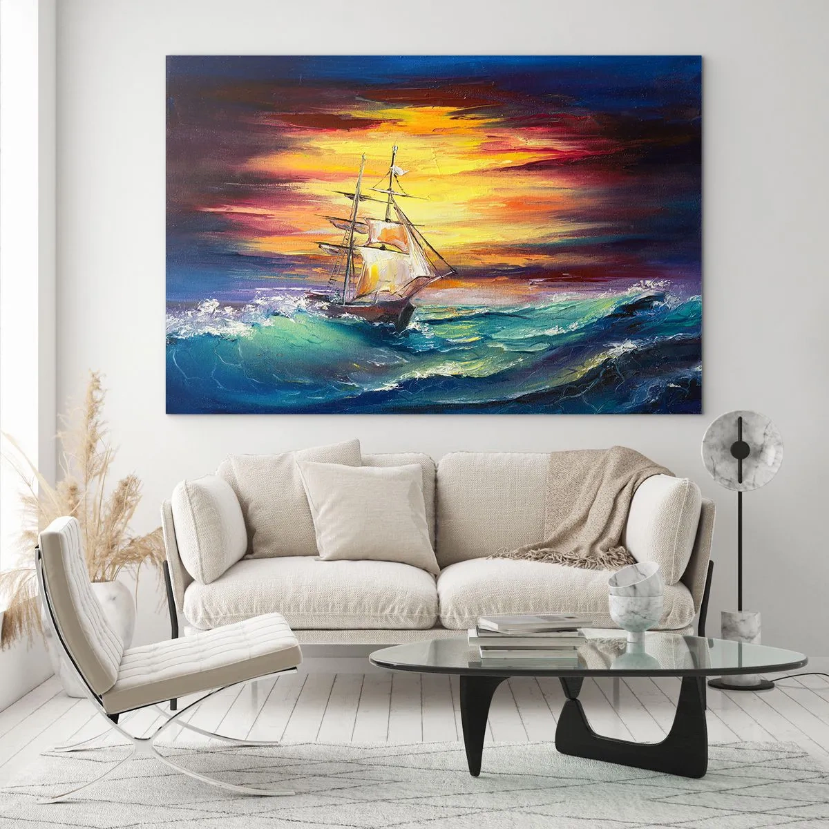 Glasbild - Bild auf glas - Ein Schiff auf stürmischer See bei Sonnenuntergang - 120x80cm - Tapfer unter den Wellen - Moderne Wanddekoration für Wohnzimmer und Schlafzimmer ARTTOR