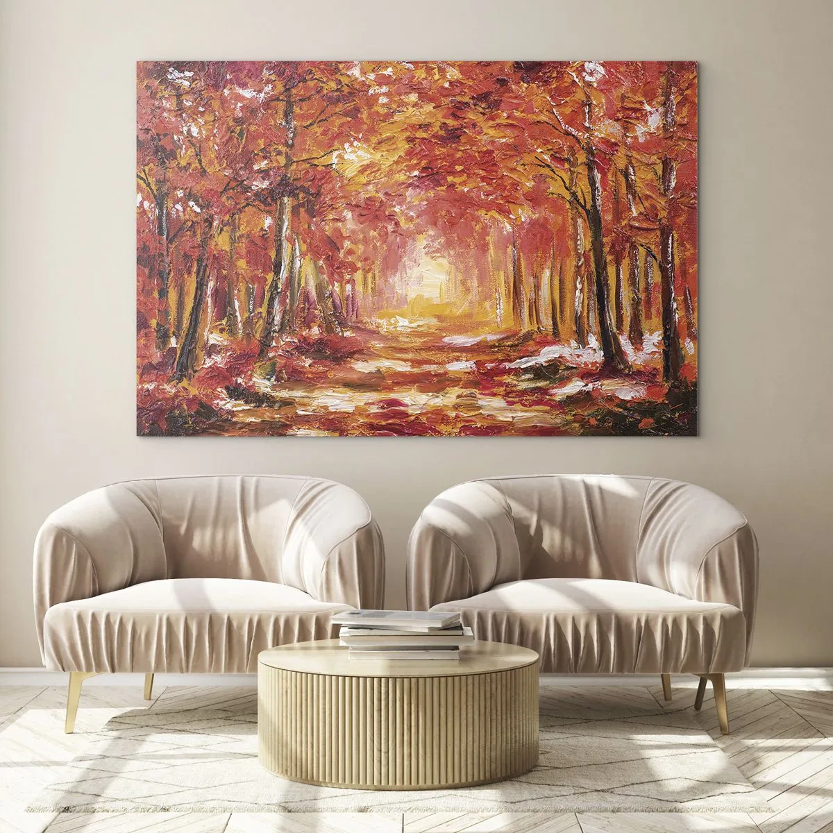 Glasbild - Bild auf glas - Herbstlandschaft mit Bäumen in warmen Farben - 70x50cm - Kupferwald - Moderne Wanddekoration für Wohnzimmer und Schlafzimmer ARTTOR