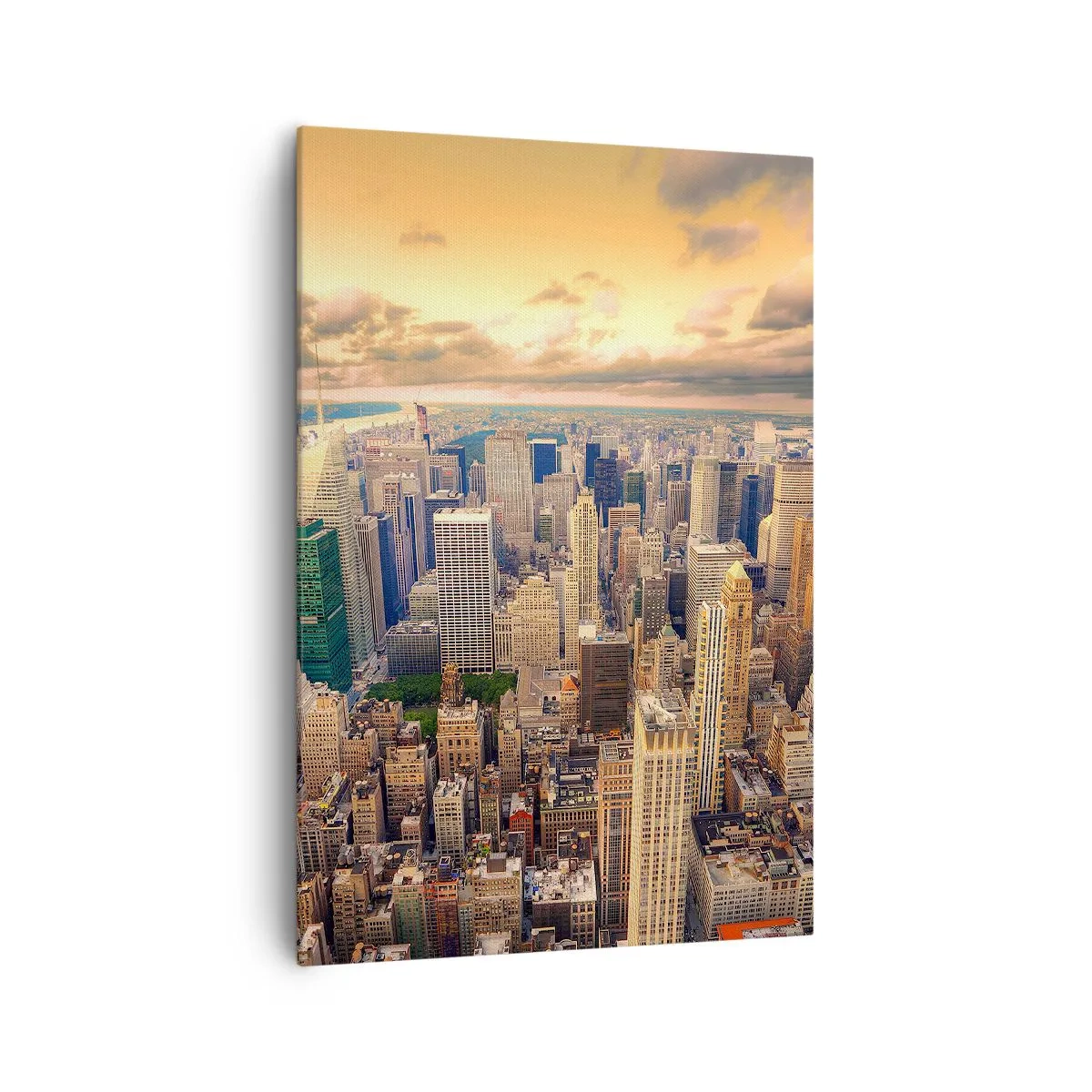 Bild auf Leinwand - Leinwandbild - Stadtpanorama mit Blick auf Wolkenkratzer bei Sonnenuntergang - 70x100cm - Vergoldete Metropole - Moderne Wanddekoration für Wohnzimmer und Schlafzimmer ARTTOR