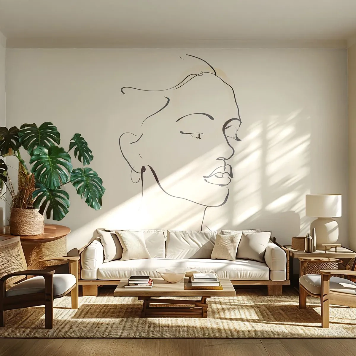 Fototapete Premium Sand - Ein subtiles Porträt einer Frau, erstellt mit einer linearen Skizze - 100x70cm - Eine bestimmte Linie - Moderne Wanddekoration für Wohnzimmer und Schlafzimmer ARTTOR