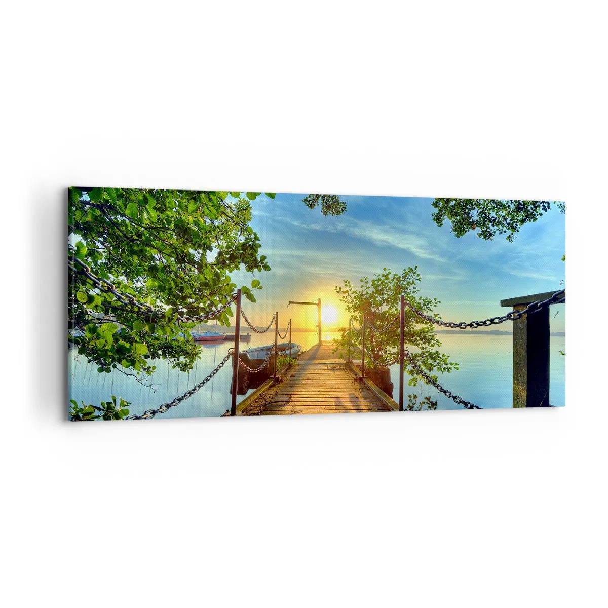 Bild auf Leinwand - Leinwandbild - Ein Pier über dem See in den Strahlen des Sonnenuntergangs - 120x50cm - Westen auf dem Wasser - Moderne Wanddekoration für Wohnzimmer und Schlafzimmer ARTTOR