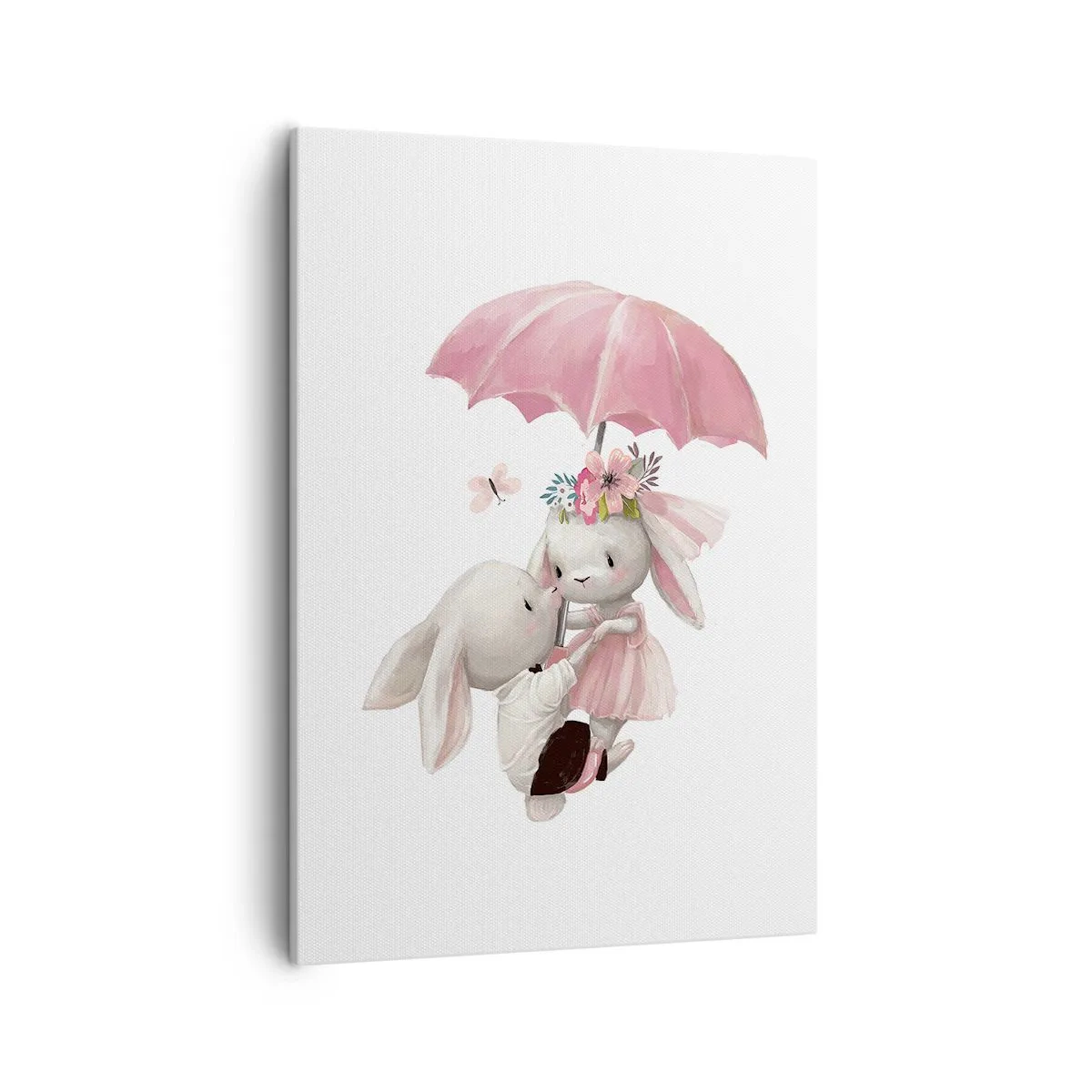 Bild auf Leinwand - Leinwandbild - Süße Häschen unter einem rosa Regenschirm - 50x70cm - Das ist eben Liebe - Moderne Wanddekoration für Wohnzimmer und Schlafzimmer ARTTOR