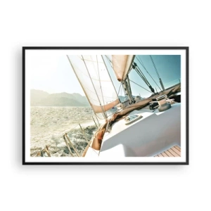 Poster in einem schwarzem Rahmen - Eine Yacht auf offener See mit Blick auf die Berge - 100x70cm - Unter vollen Segeln - Moderne Wanddekoration für Wohnzimmer und Schlafzimmer ARTTOR