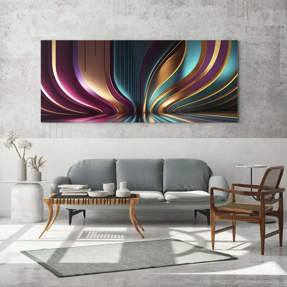 Glasbild - Bild auf glas - Futuristische Abstraktion mit intensiven Farben und Kurven - 140x50cm - Architektur des Lichts - Moderne Wanddekoration für Wohnzimmer und Schlafzimmer ARTTOR