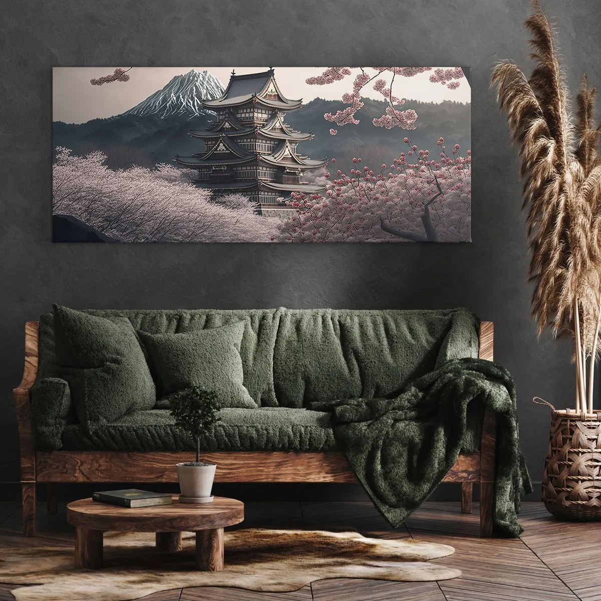 Bild auf Leinwand - Leinwandbild - Ein japanischer Tempel, umgeben von Kirschblüten und Bergen - 140x50cm - Land der Kirschblüten - Moderne Wanddekoration für Wohnzimmer und Schlafzimmer ARTTOR