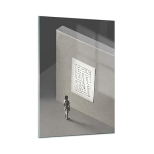 Glasbild - Bild auf glas - Kind in einem Labyrinth mit einem Rätselsymbol - 50x70cm - Aber wo bin ich? - Moderne Wanddekoration für Wohnzimmer und Schlafzimmer ARTTOR