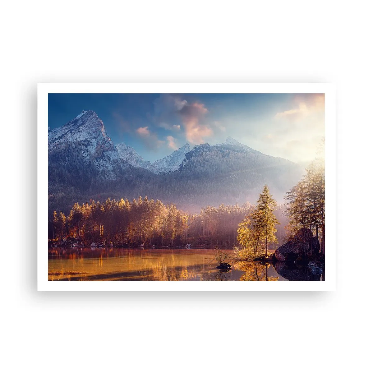 Poster - Malerischer Blick auf den Bergwald und den See im Morgengrauen - 100x70cm - In den Bergen und Tälern - Moderne Wanddekoration für Wohnzimmer und Schlafzimmer ARTTOR