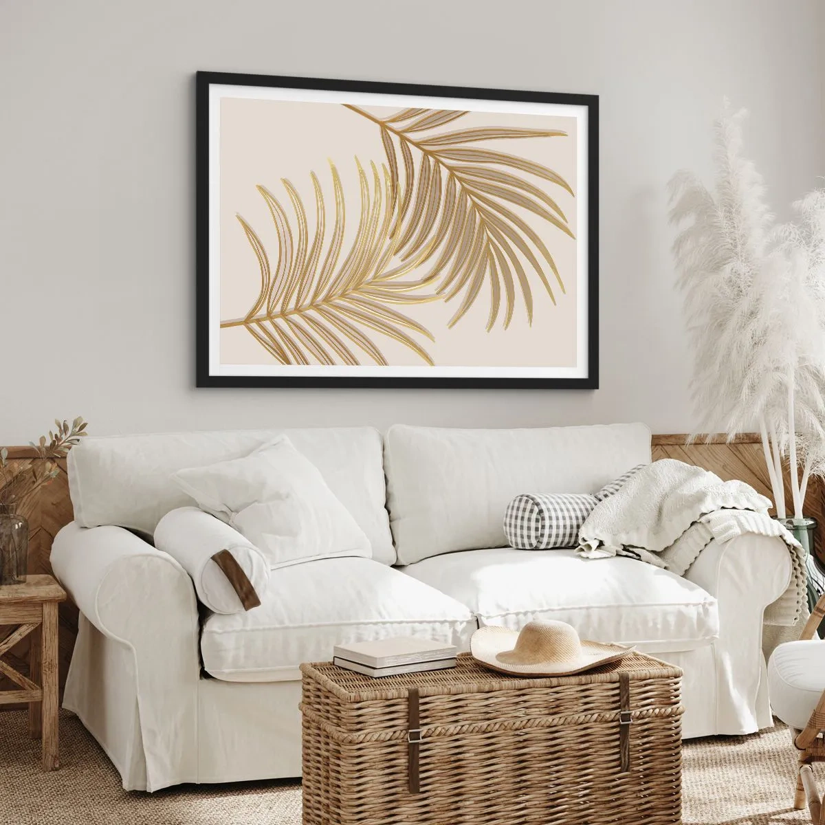 Poster in einem schwarzem Rahmen - Goldene Palmblätter auf hellem Hintergrund im minimalistischen Stil - 100x70cm - Goldene Palme! - Moderne Wanddekoration für Wohnzimmer und Schlafzimmer ARTTOR