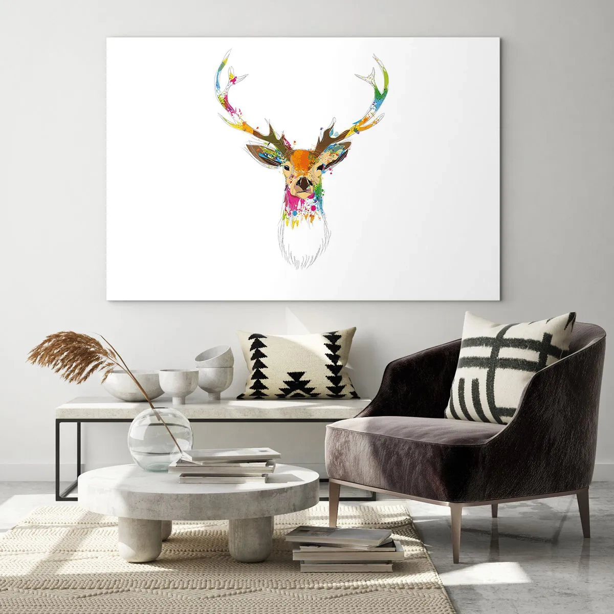 Glasbild - Bild auf glas - Bunte Silhouette eines Hirsches auf weißem Hintergrund in einem abstrakten Stil - 120x80cm - Ein mildes Reh in Farbe getaucht - Moderne Wanddekoration für Wohnzimmer und Schlafzimmer ARTTOR